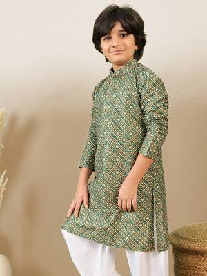 S printed green kurta with sequins for boys 2