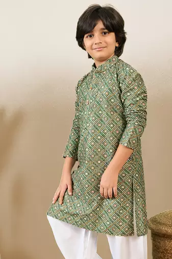 S printed green kurta with sequins for boys