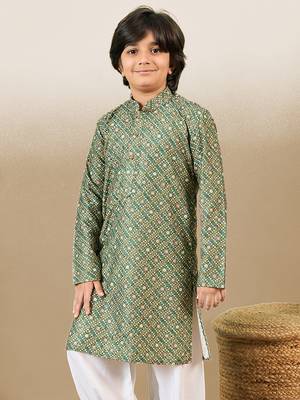 S printed green kurta with sequins for boys 3