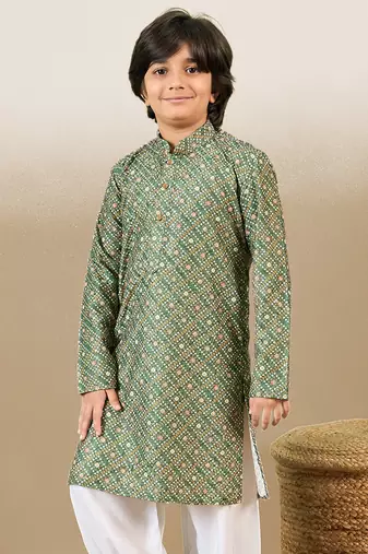 S printed green kurta with sequins for boys