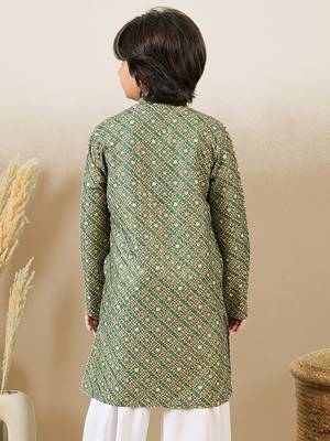S printed green kurta with sequins for boys 4