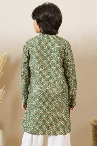 S printed green kurta with sequins for boys