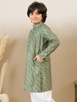 S printed green kurta with sequins for boys 5
