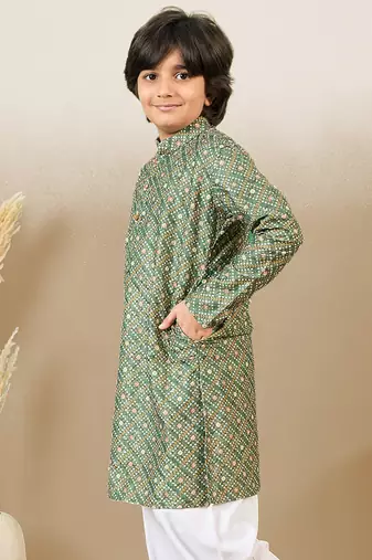 S printed green kurta with sequins for boys