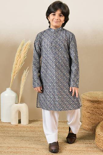 S printed grey kurta with sequins for boys