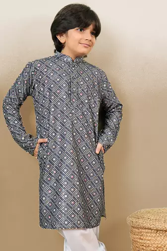 S printed grey kurta with sequins for boys