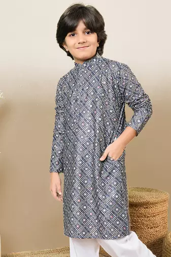 S printed grey kurta with sequins for boys