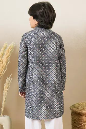 S printed grey kurta with sequins for boys