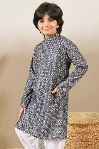 S printed grey kurta with sequins for boys