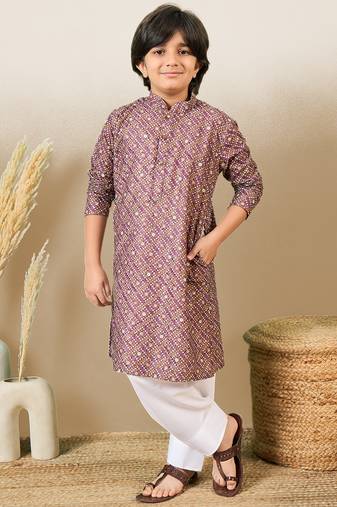 S printed purple kurta with sequins for boys