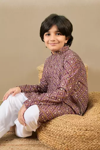 S printed purple kurta with sequins for boys