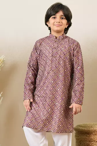 S printed purple kurta with sequins for boys
