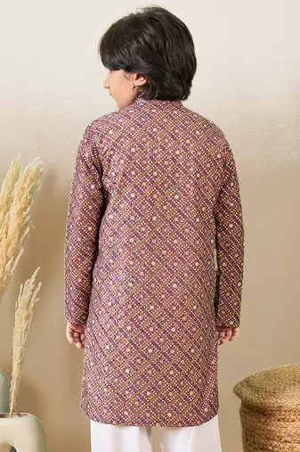 S printed purple kurta with sequins for boys