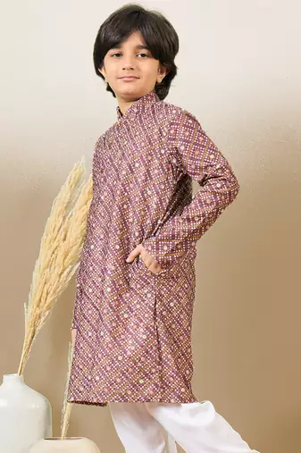 S printed purple kurta with sequins for boys