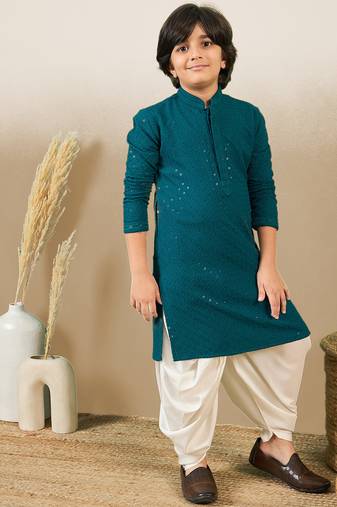 Boys designer chikankari & sequinned firozi green kurta