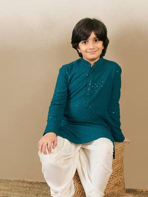Boys designer chikankari & sequinned firozi green kurta 2