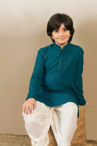 Boys designer chikankari & sequinned firozi green kurta