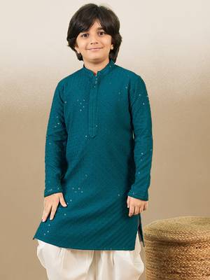 Boys designer chikankari & sequinned firozi green kurta 3