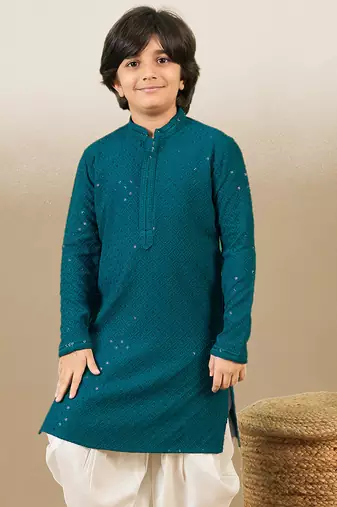Boys designer chikankari & sequinned firozi green kurta