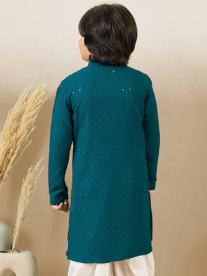 Boys designer chikankari & sequinned firozi green kurta 4