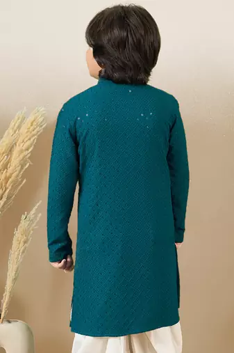 Boys designer chikankari & sequinned firozi green kurta