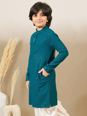 Boys designer chikankari & sequinned firozi green kurta 5