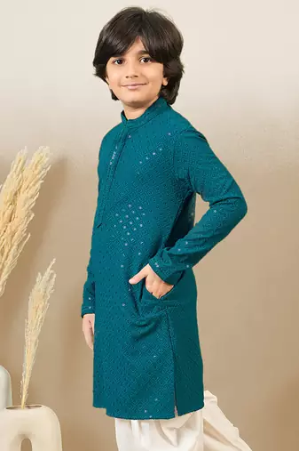 Boys designer chikankari & sequinned firozi green kurta