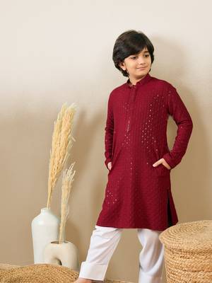Boys designer chikankari & sequinned maroon kurta 2