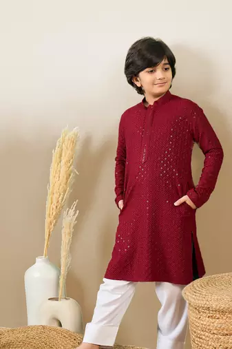 Boys designer chikankari & sequinned maroon kurta