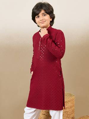 Boys designer chikankari & sequinned maroon kurta 3