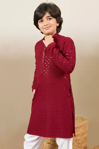 Boys designer chikankari & sequinned maroon kurta