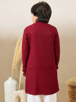Boys designer chikankari & sequinned maroon kurta 4