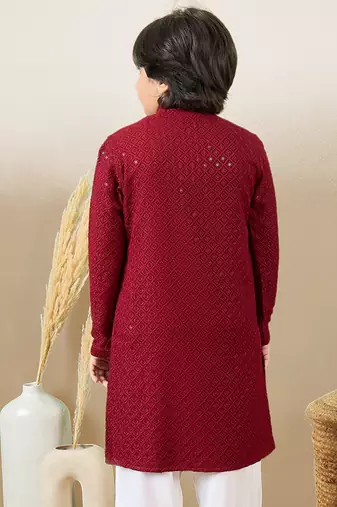 Boys designer chikankari & sequinned maroon kurta
