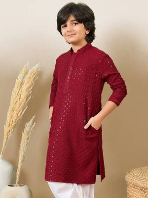 Boys designer chikankari & sequinned maroon kurta 5