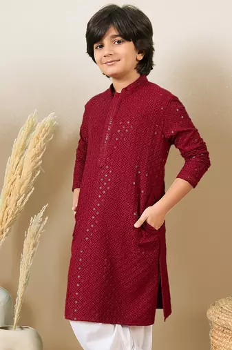 Boys designer chikankari & sequinned maroon kurta