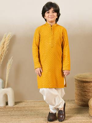 Boys designer chikankari & sequinned yellow kurta 1