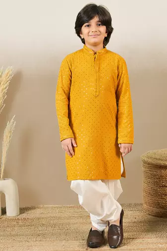 Boys designer chikankari & sequinned yellow kurta