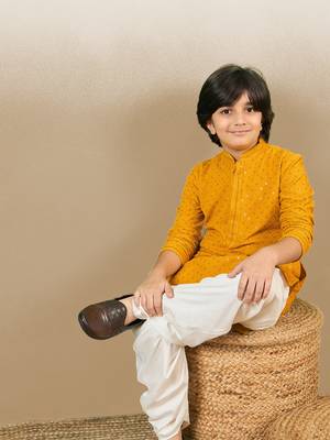 Boys designer chikankari & sequinned yellow kurta 2