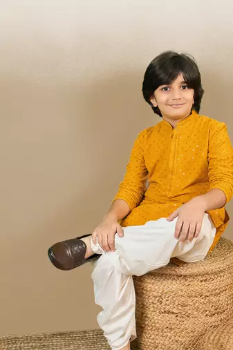 Boys designer chikankari & sequinned yellow kurta