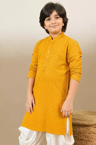 Boys designer chikankari & sequinned yellow kurta