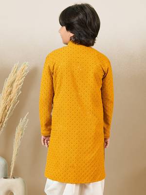 Boys designer chikankari & sequinned yellow kurta 4