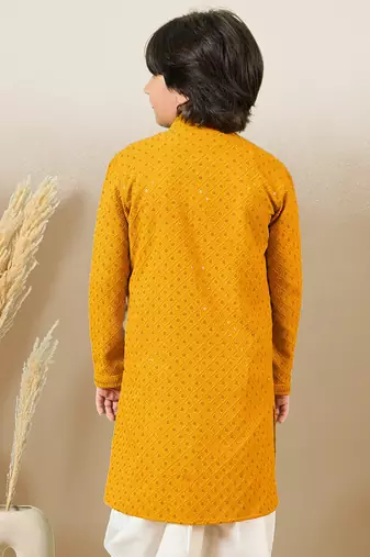 Boys designer chikankari & sequinned yellow kurta