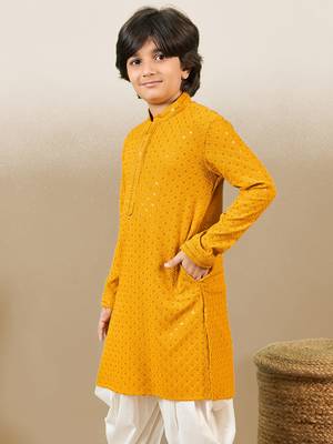 Boys designer chikankari & sequinned yellow kurta 5