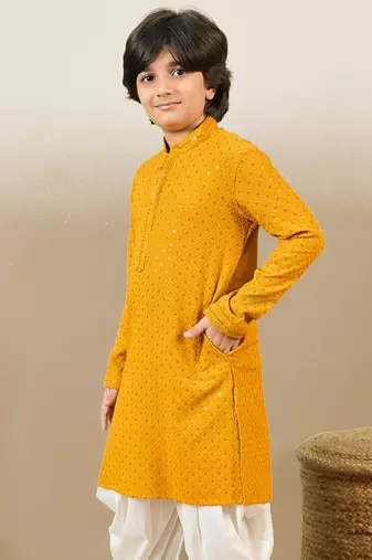 Boys designer chikankari & sequinned yellow kurta