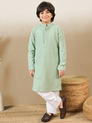 stylish chikankari embroidered green kurta for boys 1
