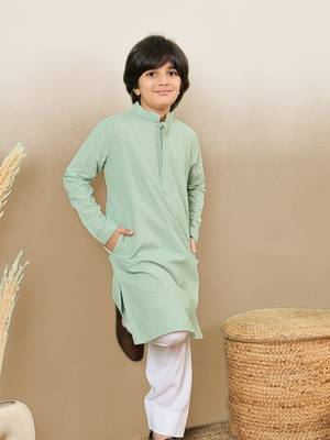 stylish chikankari embroidered green kurta for boys 2