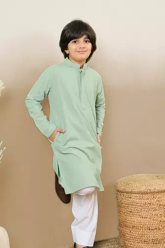 stylish chikankari embroidered green kurta for boys