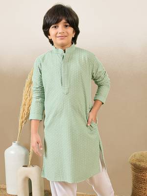 stylish chikankari embroidered green kurta for boys 3