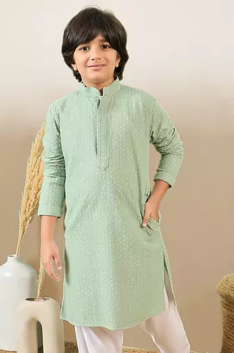 stylish chikankari embroidered green kurta for boys