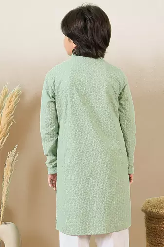 stylish chikankari embroidered green kurta for boys